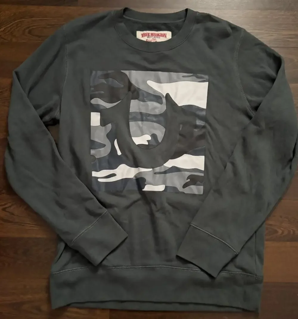 True Religion Sweater Mens Size MediumCamouflage Logo Casual Pullover Sweatshirt